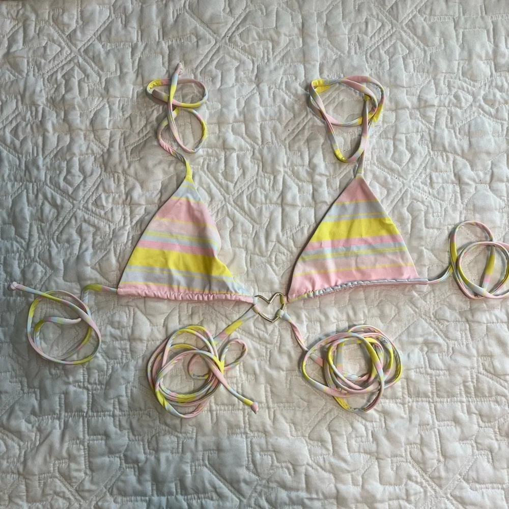 Frankie's Bikinis Pink and Yellow Striped Set